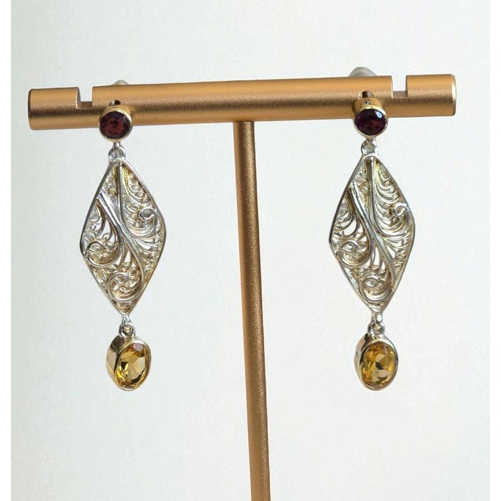 Vintage-Inspired Sterling Silver Filigree Earrings with Citrine & Garnet - Picture 8 of 12